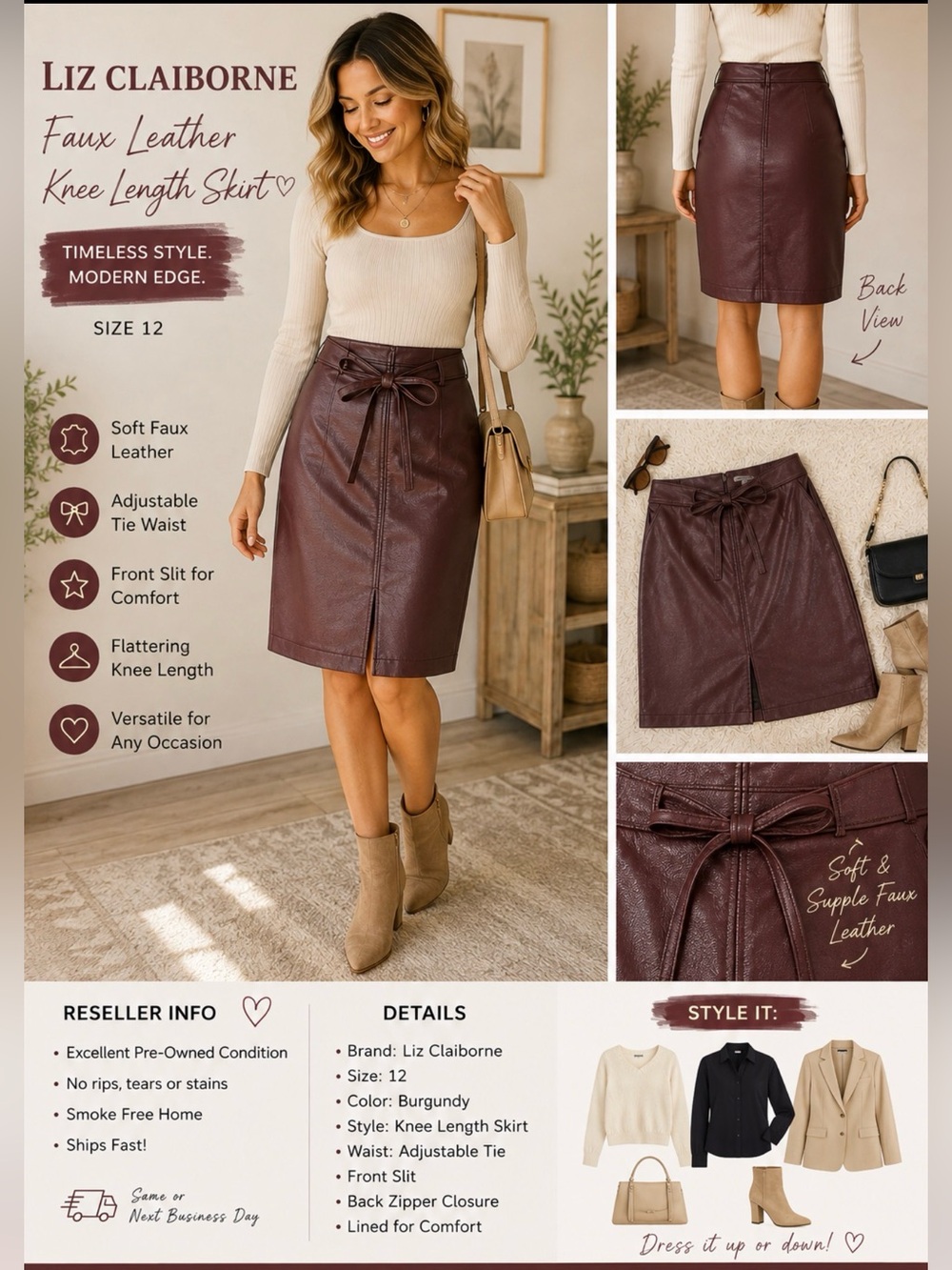 Liz Claiborne Faux Leather Burgundy Tie Waist Pencil Skirt Women's 12 Midi
